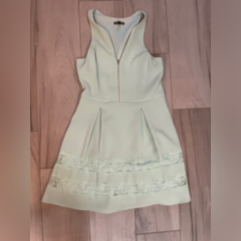 Seafoam lace and zipper A-line dress. Express.